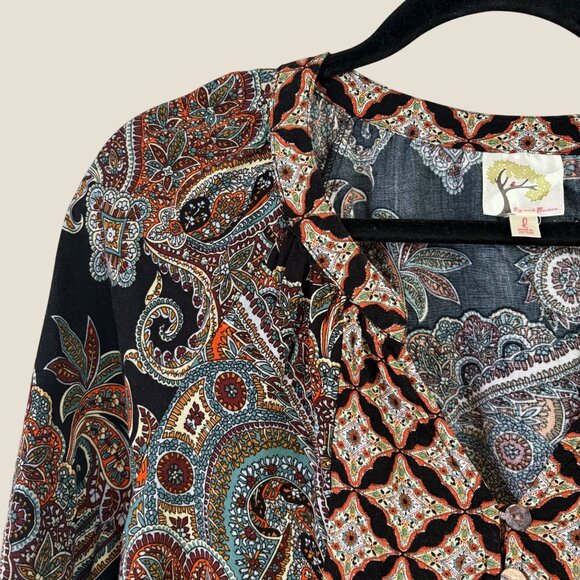 Fig & Flower Boho Pattern 3/4 Sleeve Quarter Button Puffed Sleeve Blouse Size L - Picture 2 of 10